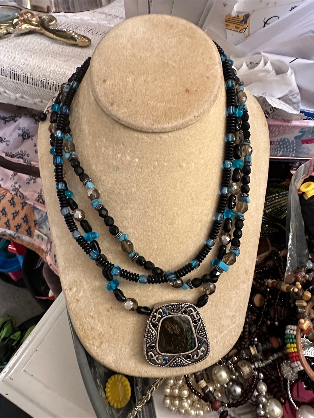 Chico's Black and Turquoise Multistrand Beaded Necklace with Ornate Pendant